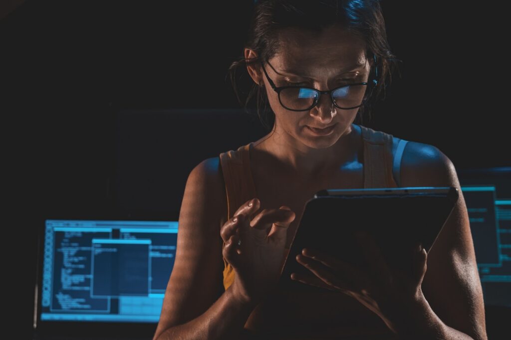 Eyes web surfer and the office worker, insurance broker, workaholic, while working in the office evenings, control and security in the accesses, security, concept of internet web application.